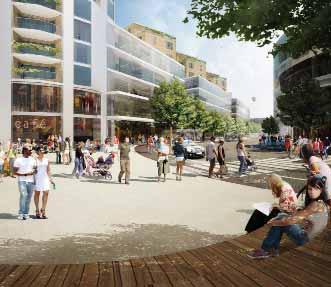 Bänkar mot södersolen. Fler entréer i butikerna från centrum. Gångstråket mellan Alby centrum och Alby sjön.