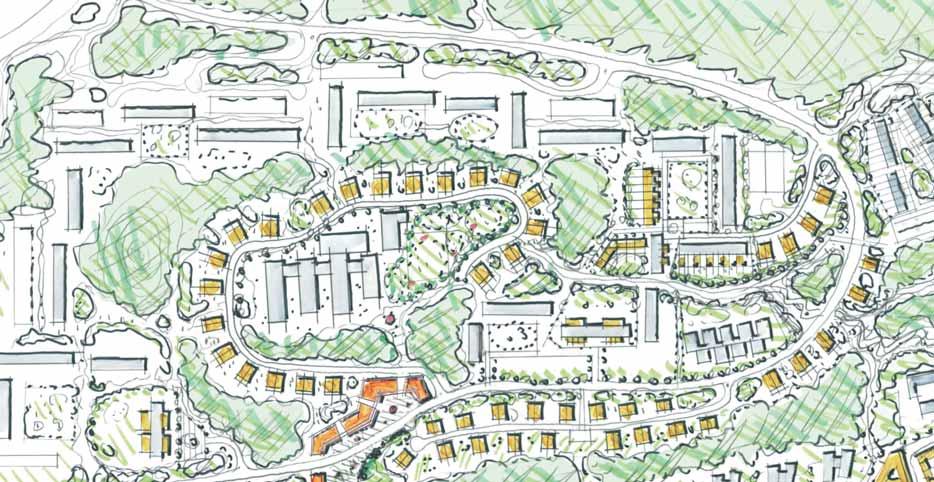 Illustration - stadsbyggnadsidé Albyberget Notarie- backen nya stadsvillor Grindtorpsskolan Tingsvägen Övre torget nya stadsvillor 0 50 100 Plantera träddungar i öppna landskapspartier som vägar,