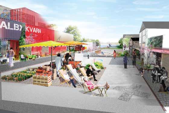 Trafik Albyvägen avslutas vid Hangaren och kompletteras med nya träd. Vägen utformas så att plats finns för gatuparkering, trädrad samt gång- och cykelbana.