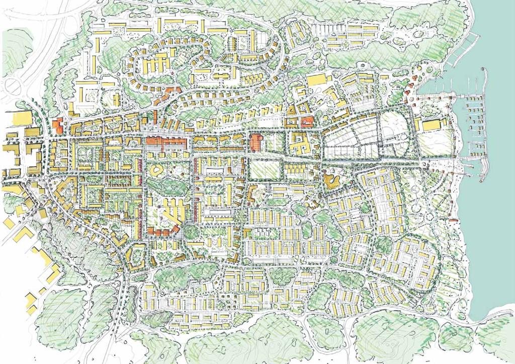 illustration stadsbyggnadsidé Grindtorps- skolan Nämndemanna- vägen E4/E20 Notarie- backen Domare- backen Övre torget Tingsvägen Subtopia småbåts- hamn Albyvägen T-bana Nedre torget Alby centrum