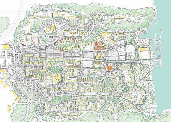 illustration av tänkt utveckling Stadsbyggnadsidén visar en helhetsbild över framtida Alby.