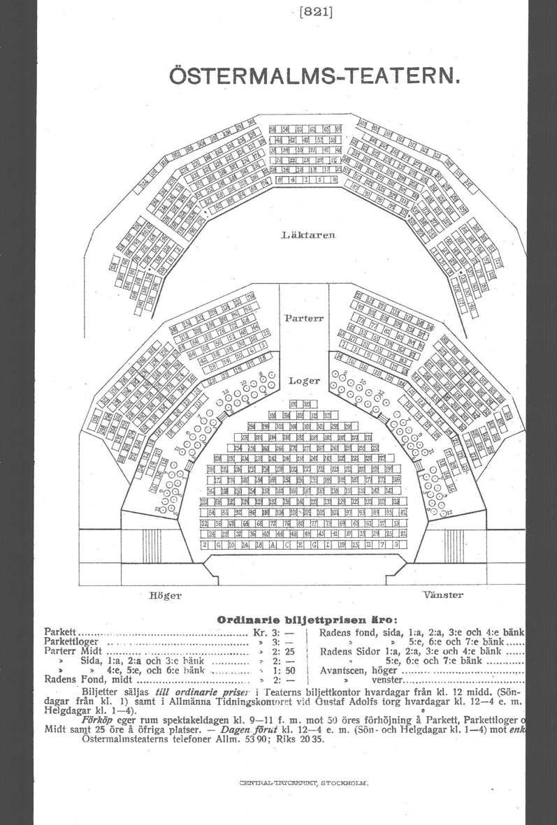 [821] ÖSTERMALMS-TEATERN. Höger Vänster OI'd1aarle blljeupl'isen.1'0: Parkett..... Kr, 3: - Radens fond, sida, La, 2:a, 3:e och 4:e bänk Parkettloger» 3: -,»5:e, 6:e och 7:e bänk. Parterr Midt.