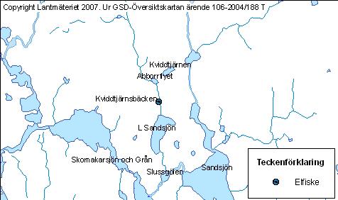Kviddtjärnsbäcken, 138-(492) Fiske: Vid elfisket fångades 12 bäckrödingar (1 avfiskning). 1993, 1994 och 1996 genomfördes 3 avfiskningar.