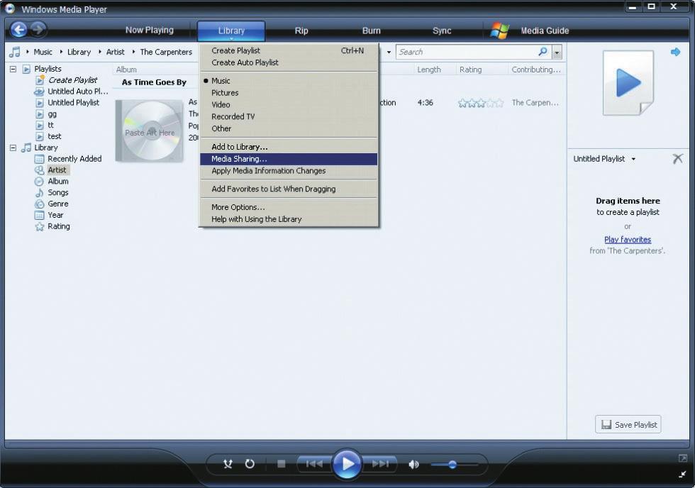 D Överföra musik trådlöst från en dator Du kan överföra musik trådlöst till NP1100 från en ansluten dator om du installerar Windows Media Player 11 på datorn och konfigurerar datorn så att den delar