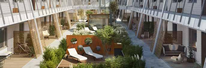 Gården är en plats för umgänge och avkoppling. Här finns också bastu samt en relaxdel. Alla lägenheter har rymliga balkonger mot yttersidan och entrébalkonger eller uteplatser på gårdssidan.
