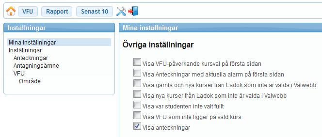 4. Personliga inställningar När du loggat in i VFU-webb, klicka på symbolen med verktyg (se markering i bild nedan). Du kommer till Mina inställningar.