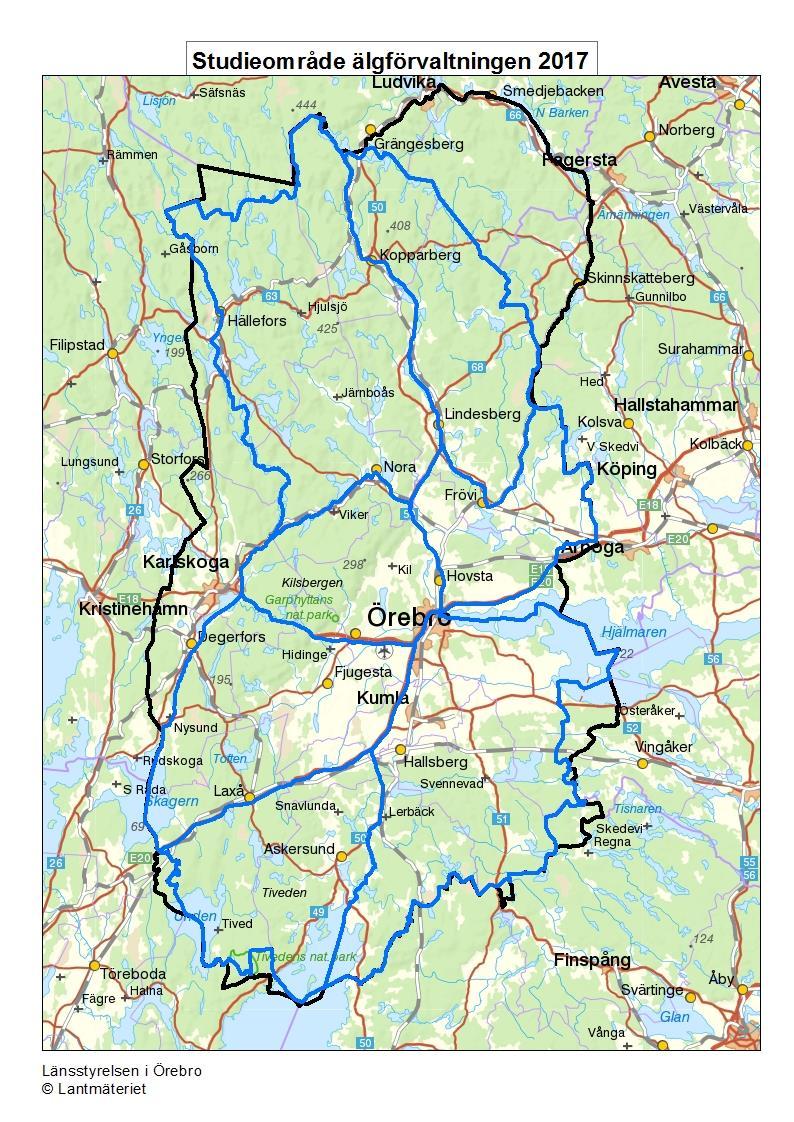 Bilaga 1 Studieområdet avgränsades till de delar av älgförvaltningsområden som administreras av Länsstyrelsen i Örebro län.