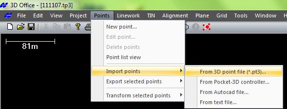 Import punkter Import av punkter Punkter kan importeras i flera olika format, detta görs under menyn nedan. Som exempel visas en import av punkter från en PXY-fil.