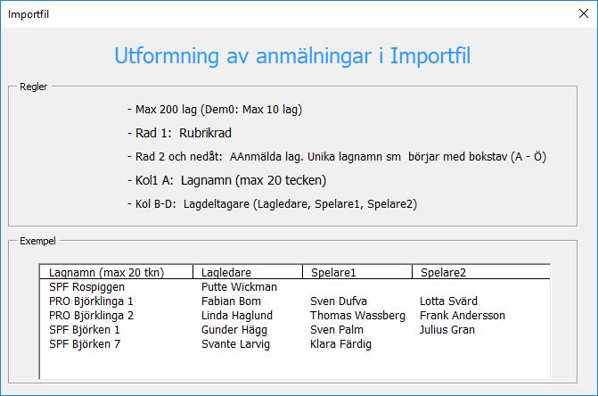 Via Knapp: Välj fil Kan anmälda lag och lagdeltagare importeras från extern Excel-fil 2. Importfilen kontrolleras automatiskt i.