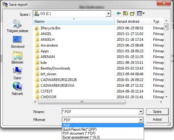 Spara rapport: Välj filtyp, katalog, skriv in filnamn och klicka på Spara.