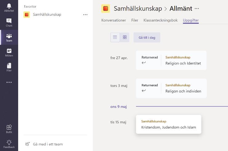 Går du via teamet går du in i Allmäntkanalen, klickar på fliken Uppgifter och väljer sedan den uppgift du vill lämna in.