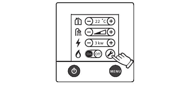 Manöverpanel panna 3. Manöverpanelen i inställningsmeny med upplåst verktygsmeny. För att komma till verktygsmenyn tryck på symbolen. antingen 6 eller 7 Amp inställning).