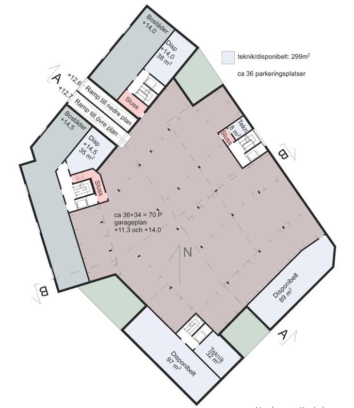38 av 51 Figur 22: Planskiss för övre garageplan i kvarter Eken (Södergruppen arkitekter).