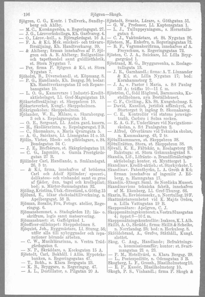 196 Sjögren-Skogh. Sjögren, C. G., Kontr. i Tullverk., Sundby- Sjöstedt, Svante, Lärare, s. Göthgatan 51. berg och Ahlby. G. W., Professor, L1. Kaptensgatan 1. M. C., Korsångerska, n. Regeringsgat.