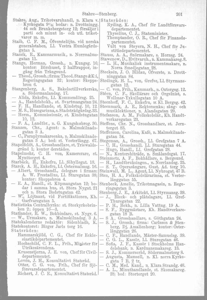 Stahre-stenberg. 201 l Stahre, Aug., Trikotvaruhandl, n. Klara v. S t a ts r åd en: L Kyrkogata glia; bodar: n. Drottningg. Ryding, K. A., Chef för Landtförsvars- 44 och Brunkebergstorg 12; försiljer i departementet.