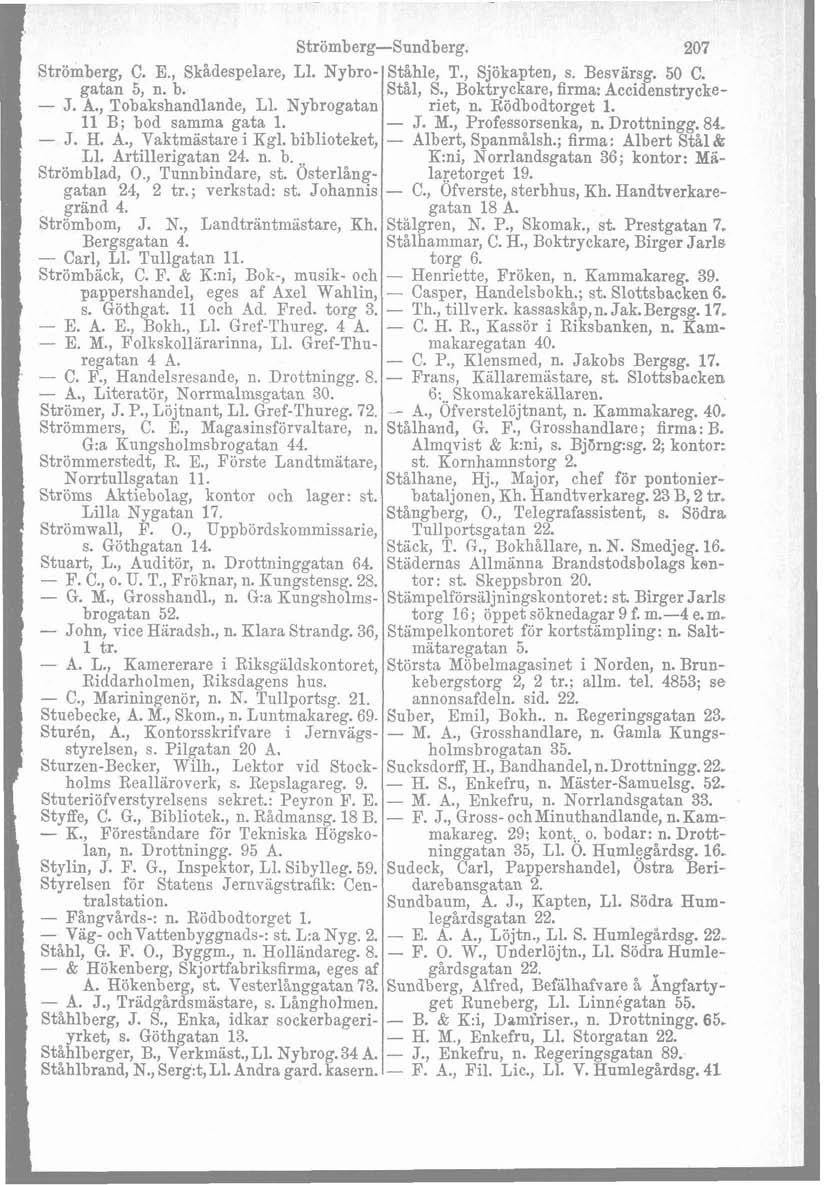 b i Strömberg, C. E., Skådespelare, L1. Nybrogatan 5, n. b. - J. A., Tobakshandlande, L1. Nybrogatan 11 B; bod samma gata 1. - J. H. A., vaktmästare i Kgl. biblioteket, L1. Artillerigatan 24. n. b... Strömblad, O.