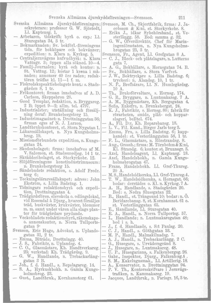 Svenska Svenska Allminna djurskymsfireningen-svensson. 21 Allnianna djurskycldsföreningen; Svenson, M. Ch., Skjortfabrik, firma: J. Jacobsson & K:ni, st. Storkyrkobr. 8. sekreterare: professor G. W.