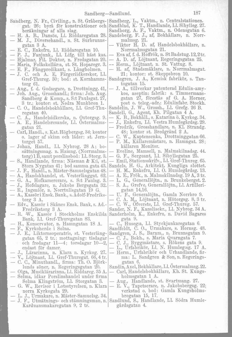 Sandberg-Sandlund. 187 Sandberg, N. Fr., Civiliiig., n. St. Gråbergs- Sandber L., Vaktin., n. Centralstationen. gat. 26; by& för konstruktioner och sandblat K. T., Handlande, Ll. Sibylleg 27.