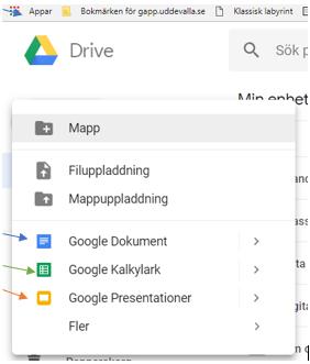 I Google så heter de programmen: Google Dokument, Google Kalkylark och Google Presentation.