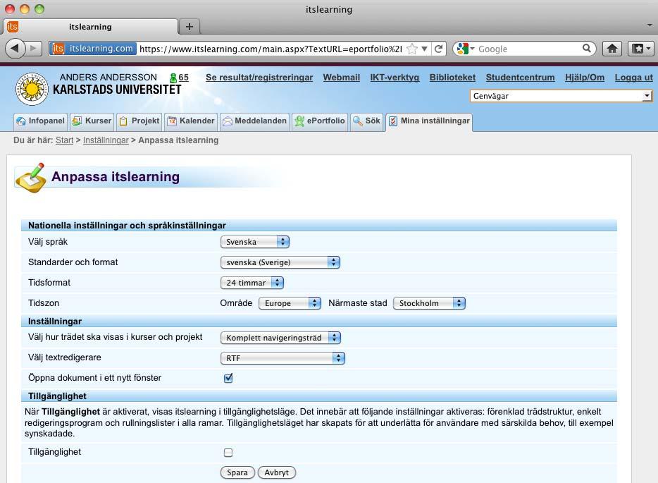 Anpassa itslearning(2), nedanstående val/information ska