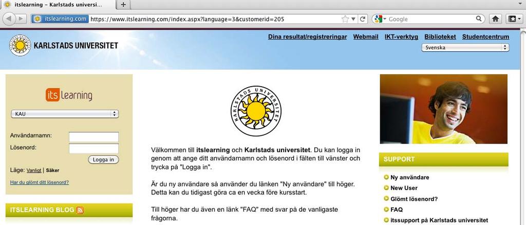 Logga in på itslearning Inloggningssidan till itslearning består av information från administratörer, inloggningsfält, länkar till användbara sidor och resurser för itslearning.