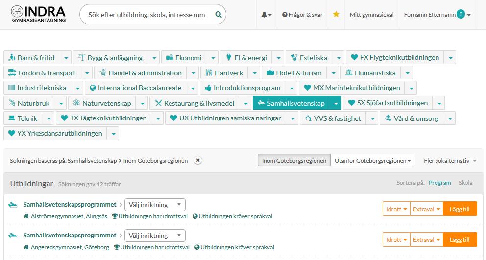 I sökfältet kan du söka efter utbildningar genom att använda enstaka ord som till exempel ett intresseområde, en skola eller kommun. Träffarna visas i listan nedan.
