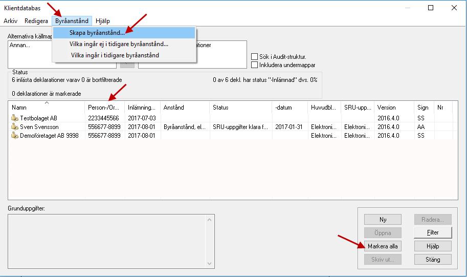 Markera de deklarationer du vill ska ingå, det finns även en funktion som markerar alla. När du markerat de deklarationer du vill söka anstånd för går du till menyn Byråanstånd Skapa byråanstånd.