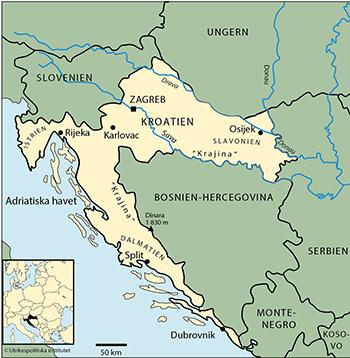 Yta 56 538 km2 (2017) Tid svensk Angränsande land/länder Slovenien, Ungern, Serbien, Bosnien-Hercegovina, Montenegro Huvudstad med antal invånare Zagreb 791 000 (folkräkning 2011) Övriga större