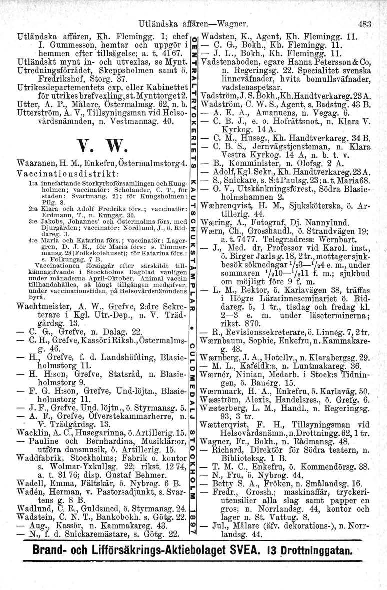 Utländska affären-wagner. Utländska affären, Kh, Flemingg. l; chef o Wadsten, K., Agent, Kh. Flemingg. J. Gummesson, hemtar och uppgör i III-C. G., Bokh., Kh, Flemingg. Il.