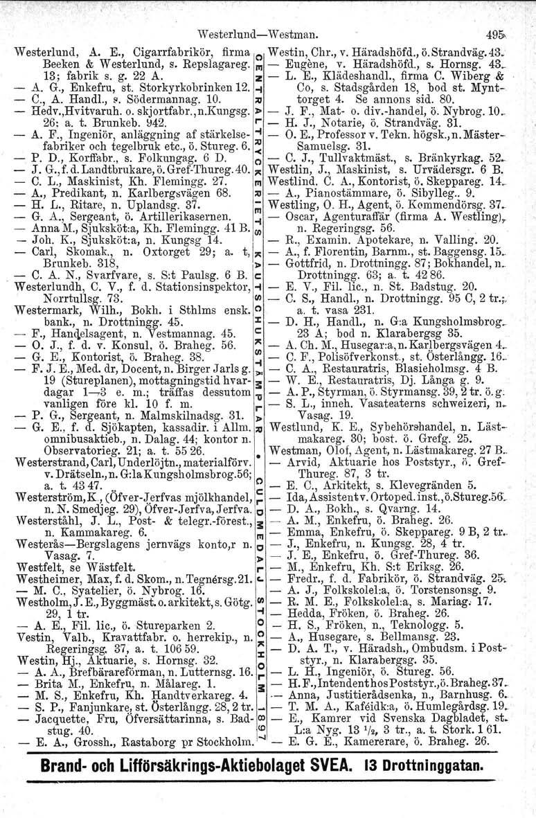 Westerlund- Westman. 495- Westerlund, A. E., Cigarrfabrikör, firma o Westin, Chr., v. Häradshöfd., Ö. Strandväg. 43_ Beeken & Westerlund, s. Repslagareg. fil - Eugene, v. Häradshöfd., s. Hornsg. 43. 13; fabrik s.