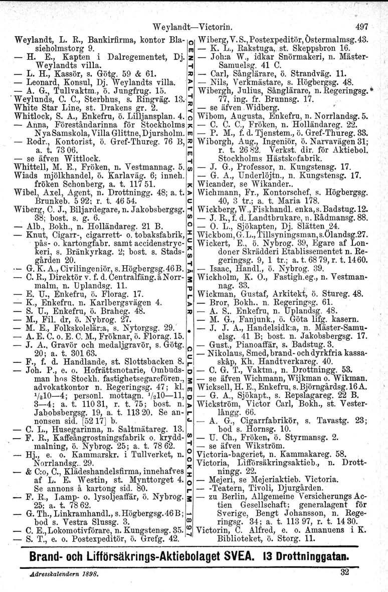 W eylandt- Victorin. 497 Weylandt, L. R., Bankirfirma, kontor Bla- e Wiberg, V. S., Postexpeditör. Ostermalmsg.43. sieholmstorg 9. III - K. L., Rakstuga,..st. Skeppsbron 16. - H. E.