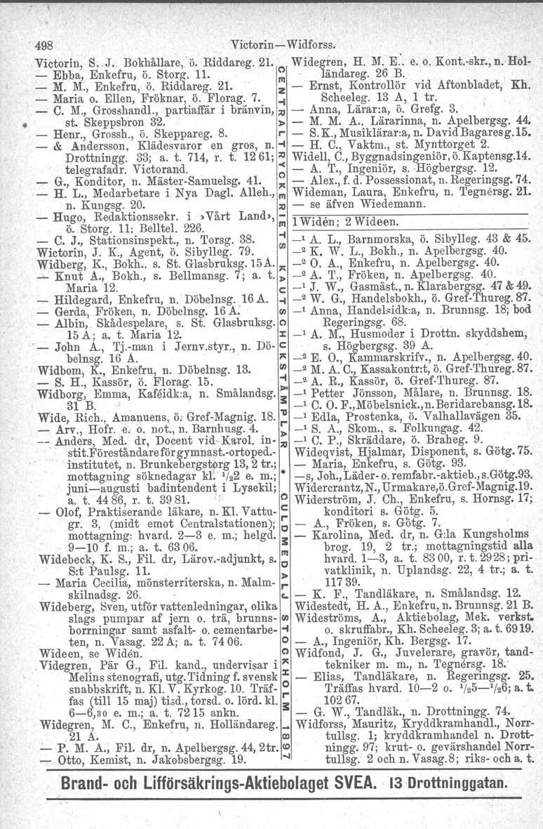 498 Victorin- Widforss. Victorin, S.. J.. Bokhållare, Ö. Riddareg.21. Widegren, H. M. F):. e. o. Kont.-skr., n. Hol- - Ebba, Enkefru, ö. Storg. 11. ~ ländareg. 26 B.. :- M. M., Enkefru, ö. Riddareg. 21.