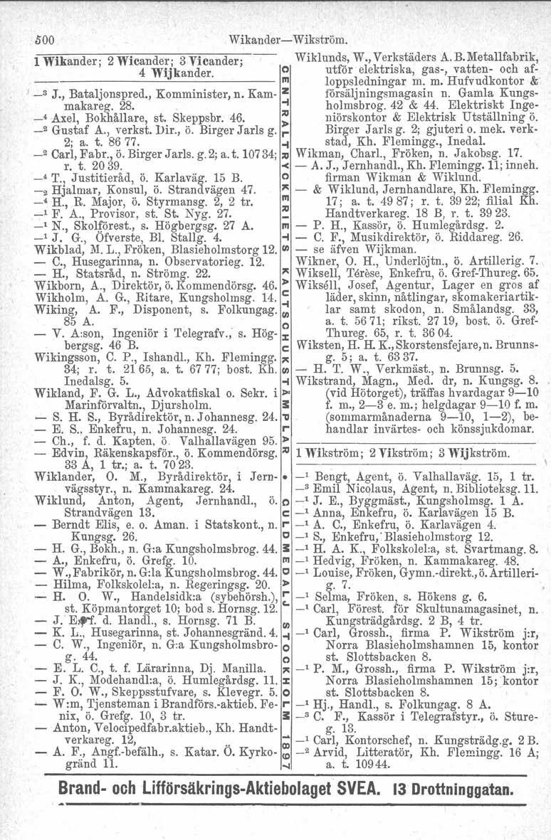 500 Wikander- Wikström. 1 Wikanderj 2Wicanderj 3Vicander; Wiklunds, W., Verkstäders A.B.Metallfabrik, 4 Wijkander o utför elektriska, gas-, vatten- och af- --------------.----- III loppsledningar m.