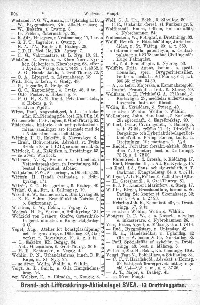 504 Wistrand-Vougt. ) Wistrand, P. G. W., Aman., n, Uplandsg.11 B. o Wolf, G. A. Th., Bokh., ö. Sibylleg. 30. - W.. Bryggmästare, Kh. Lilla Hornsberg. III - C. R., Utskänkn.-före~t., st. Funkens gr..5. - W.,Enkefru,_ s.