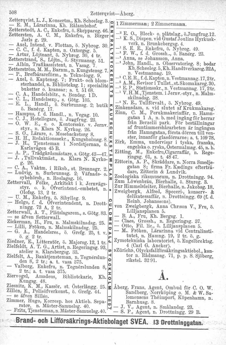 508 Zetterqvist-Åberg. Zetterqvist, L. J., Konsertm., Kh. Scheeleg., 3. o ------------------ 1 Zimmerman; 2 Zimmermann. - E. M., Lärarinna, Kh. Rålambshof. III _ Zetterstedt, A. C., Enkefru, ö.