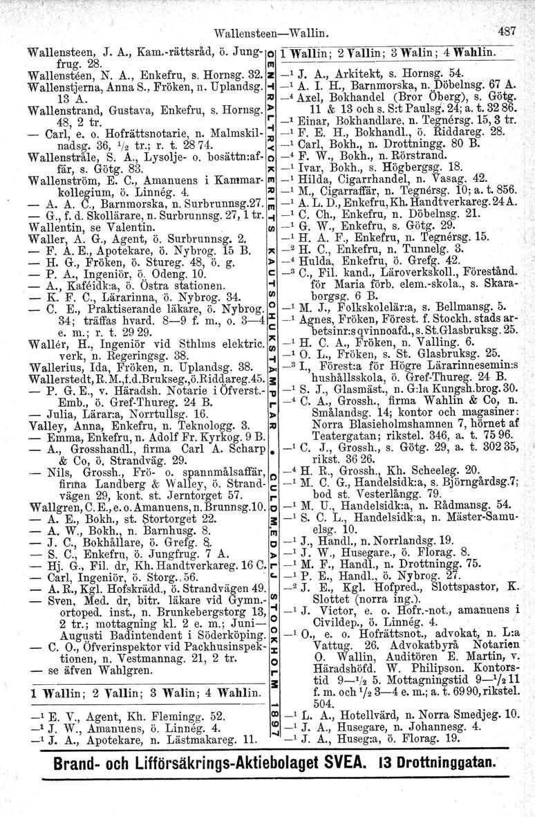 Wallensteen- Wallin. Wallensteen, J. A., Kam.-rättsråd,ö. Jung- O l Wallin; 2 Vallin; 3 Walin; 4 Wahlin. frug. 2S. In Wallensteen, N. A., Enkefru, s. Hornsg. 32. z _, J. A., Arkitekt, s. Hornsg. 54.