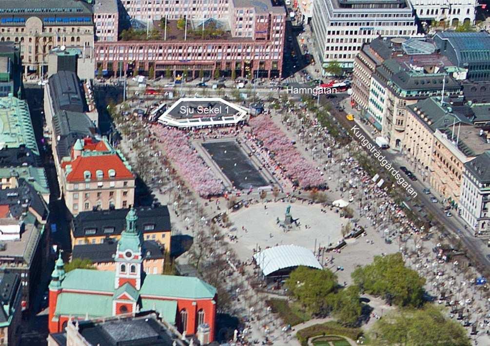 Sida 3 (9) Flygbild över den norra delen av Kungsträdgården med Sju Sekel närmast Hamngatan.