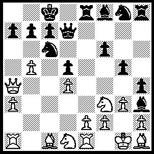 14.Lxg7 Kxg7 15.Dd4+ f6 Alternativet är 15.- Kg8. 16.b3 Db6 17.Dxb6 Sxb6 18.a3 Sd7 19.b4 axb4 20.axb4 b6 21.f4 h5 21.- Txa1 22.Txa1 Ta8 23.Txa8 Lxa8 24.Lg4 Sf8 25.Sa4 Lxe4 26.Sxb6 22.g3 Txa1 23.