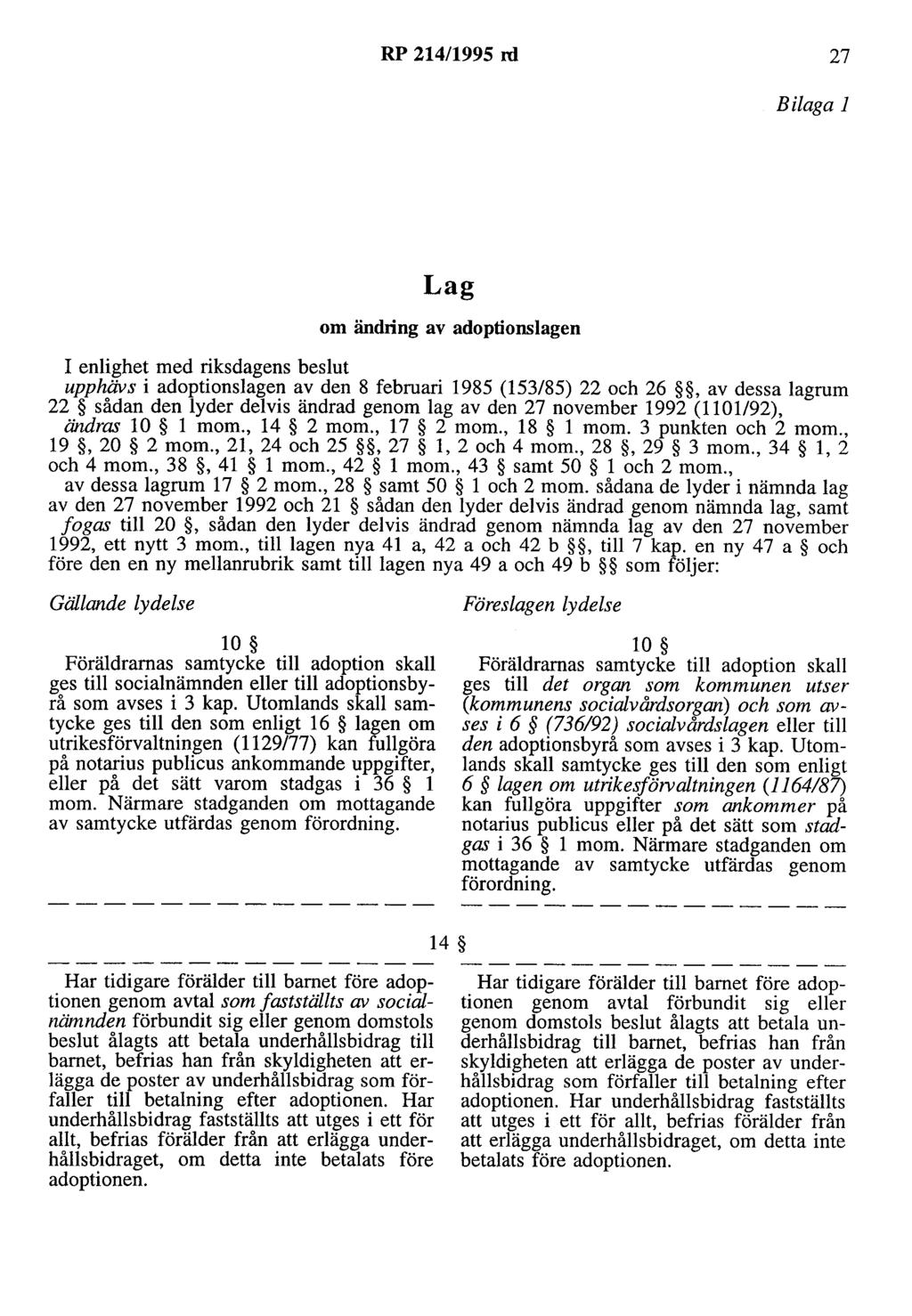 RP 214/1995 ni 27 Bilaga l Lag om ändring av adoptionslagen I enlighet med riksdagens beslut upphävs i adoptionslagen av den 8 februari 1985 (153/85) 22 och 26, av dessa lagrum 22 sådan den lyder