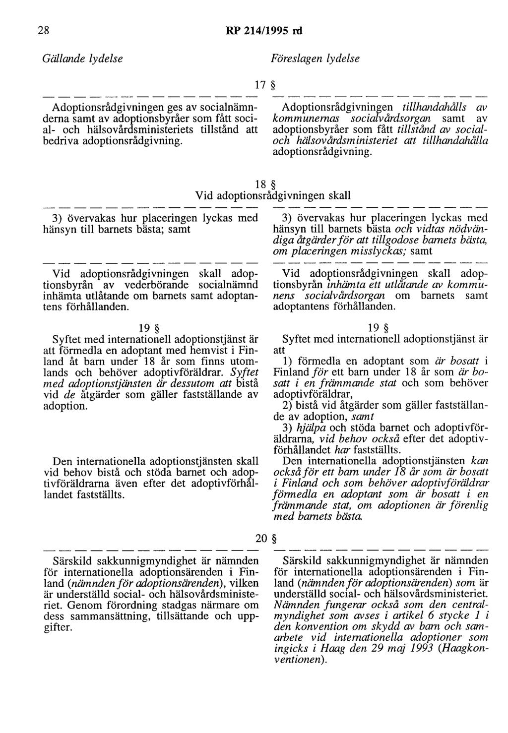 28 RP 214/1995 rd Gällande lydelse Föreslagen lydelse 17 Adoptionsrådgivningen ges av socialnämnderna samt av adoptionsbyråer som fått social- och hälsovårdsministeriets tillstånd att bedriva