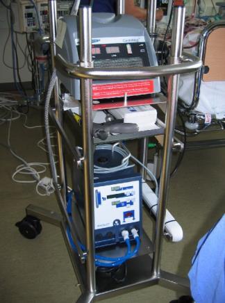 Pumpen kopplas till avbrottsfritt/grönt eluttag. Oxygenator Värmare Centrifugal pump Kontrollenhet Flödeshastighet L/min Blodpumpens hastighet Varv/min Varje streck = 550varv/min Ev.