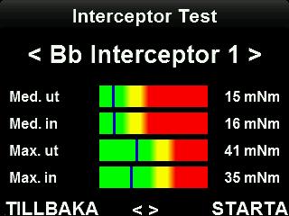 Tryck på MENY-knappen. 2. Välj Interceptorinställning och tryck på VÄLJ. 3. Välj Interceptor Test och tryck på VÄLJ. 4.