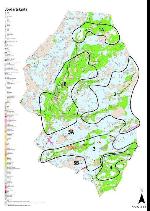 Karta 1.6 1A-B Småkuperad, halvöppet med sammanhängande jordbruksområden omgibna av skog.