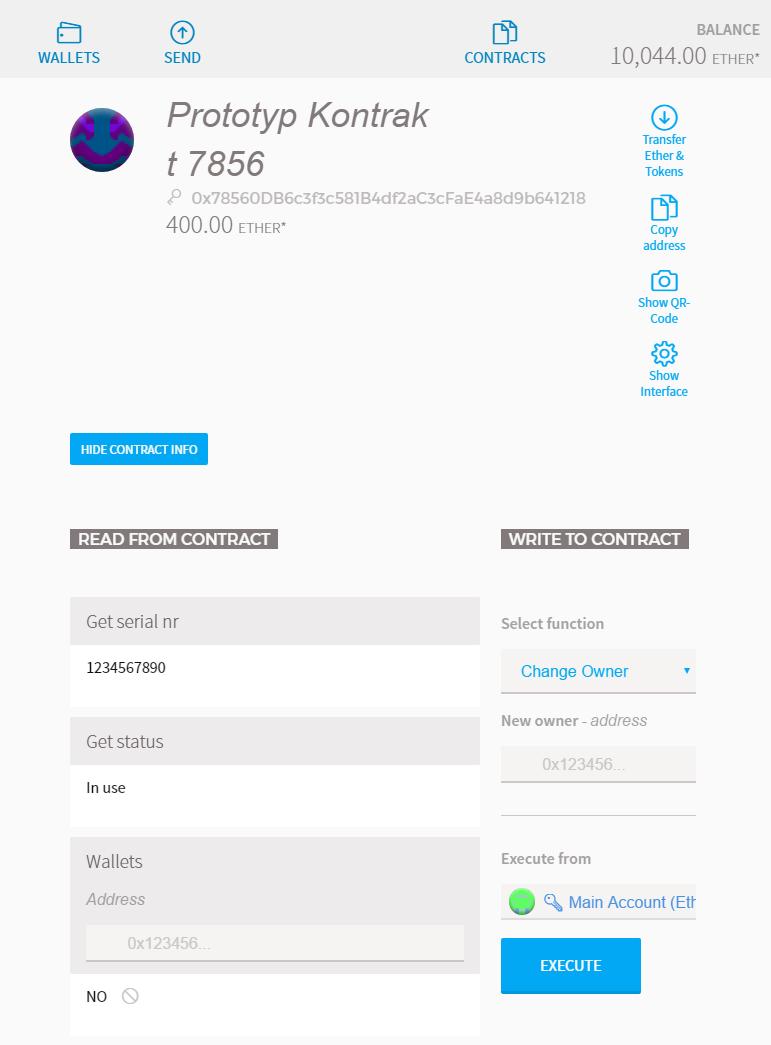 kontraktet skickade tillbaka panten till oss som ägare av kontraktet. Alla funktioner i smartkontraktet testades för att se till att önskad funktionalitet utfördes. Figur 6.