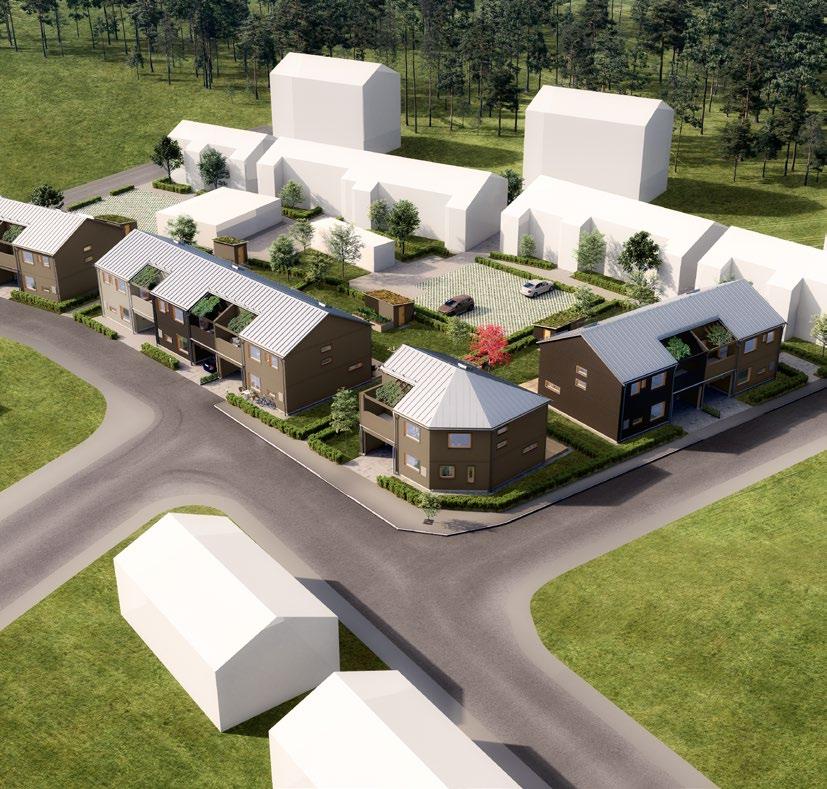 2 3 Elins trädgårdskvarter I sjönära stadsdelen Bredvik fem kilometer utanför Växjö planerar OBOS att bygga 8 moderna radhus/parhus som äganderätter.