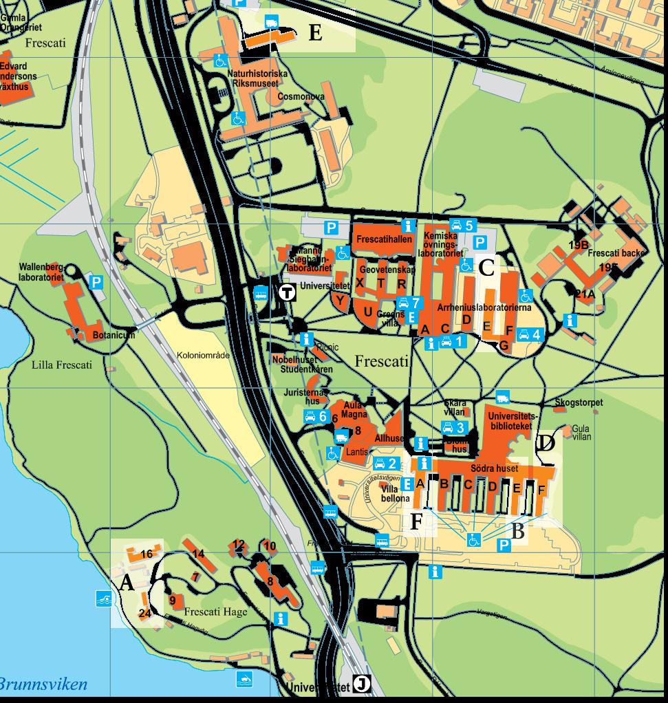Karta över universitetsområdet i Frescati A: Barn- och ungdoms vetenskapliga institutionen B: Institutionen för språkdidaktik C: Institutionen för matematikämnets
