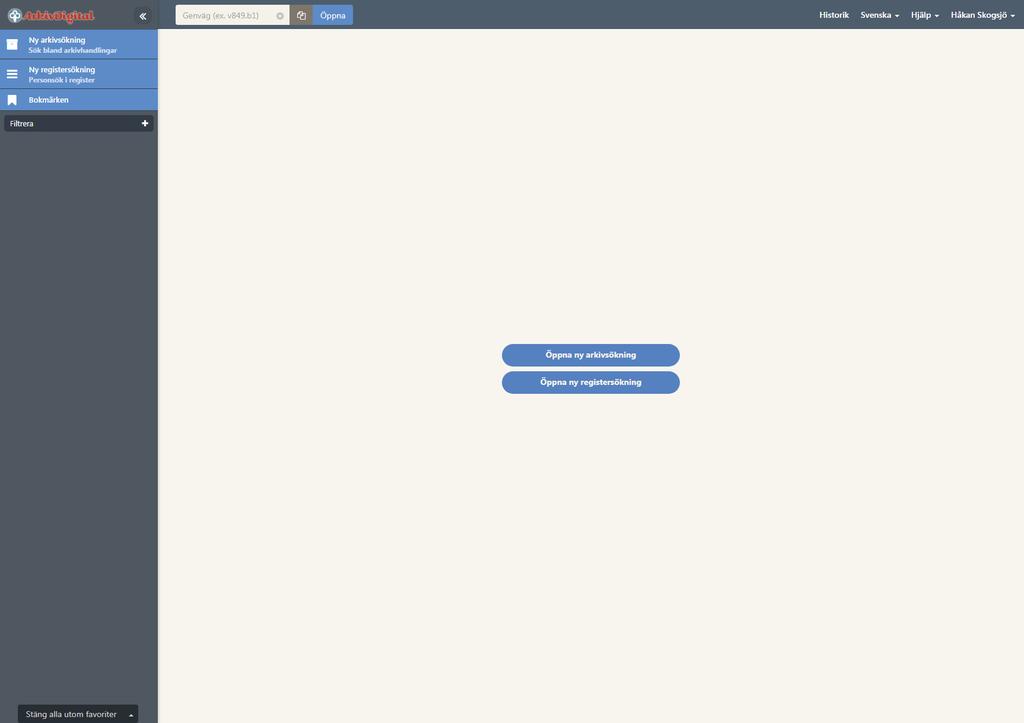 Du har just startat Arkiv Digital. Klicka på Ny registersökning för att söka efter släkten i olika personregister, exempelvis Sveriges befolkning 1950.