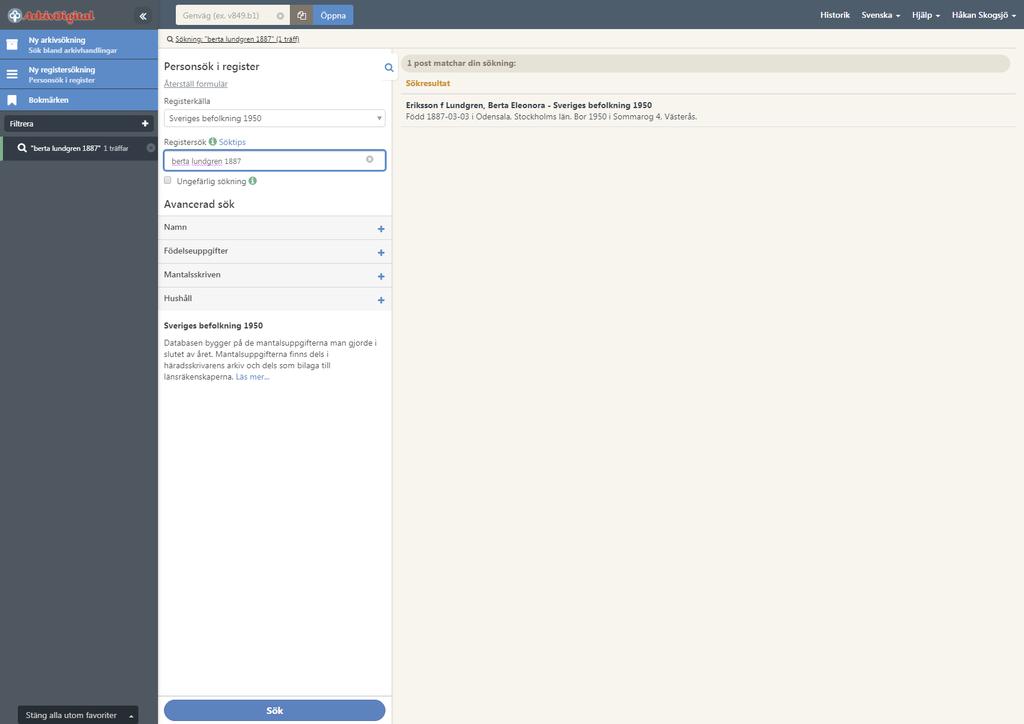 1 2 4 3 5 Sök personer som levde 1950 Sveriges Befolkning 1950 är en databas med uppgifter om alla svenskar detta år.