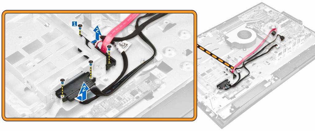 Ta bort skruvarna som håller fast kabeln för den optiska enheten och hårddiskkabeln i systemet [1].