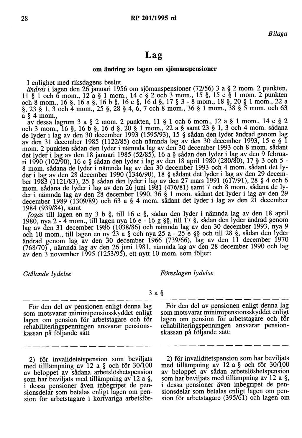 28 RP 201/1995 rd Lag om ändring av lagen om sjömanspensioner Bilaga I enlighet med riksdagens beslut ändras i lagen den 26 januari 1956 om sjömanspensioner (72/56) 3 a 2 mom.